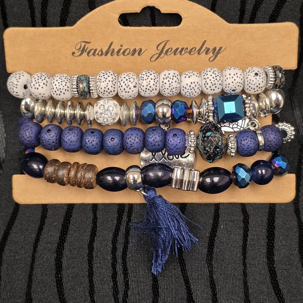 Blue Beaded 4Pc Stretch Bracelet Set Tassel Charm Stack Fashion Jewelry